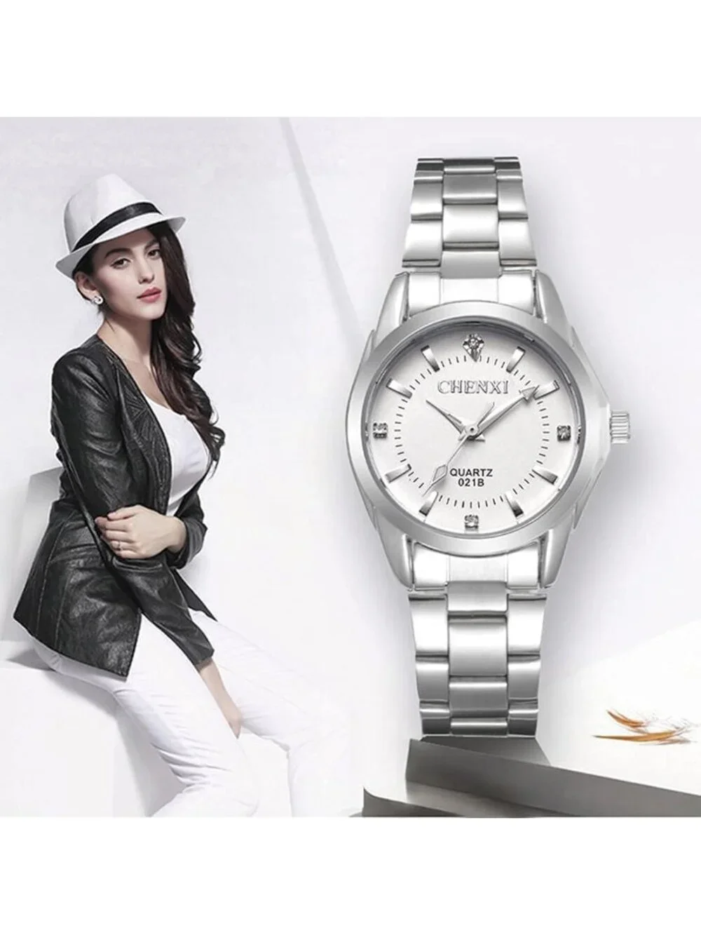 Women's White Analog Quartz Stainless Steel Luminous Waterproof Dress Watches